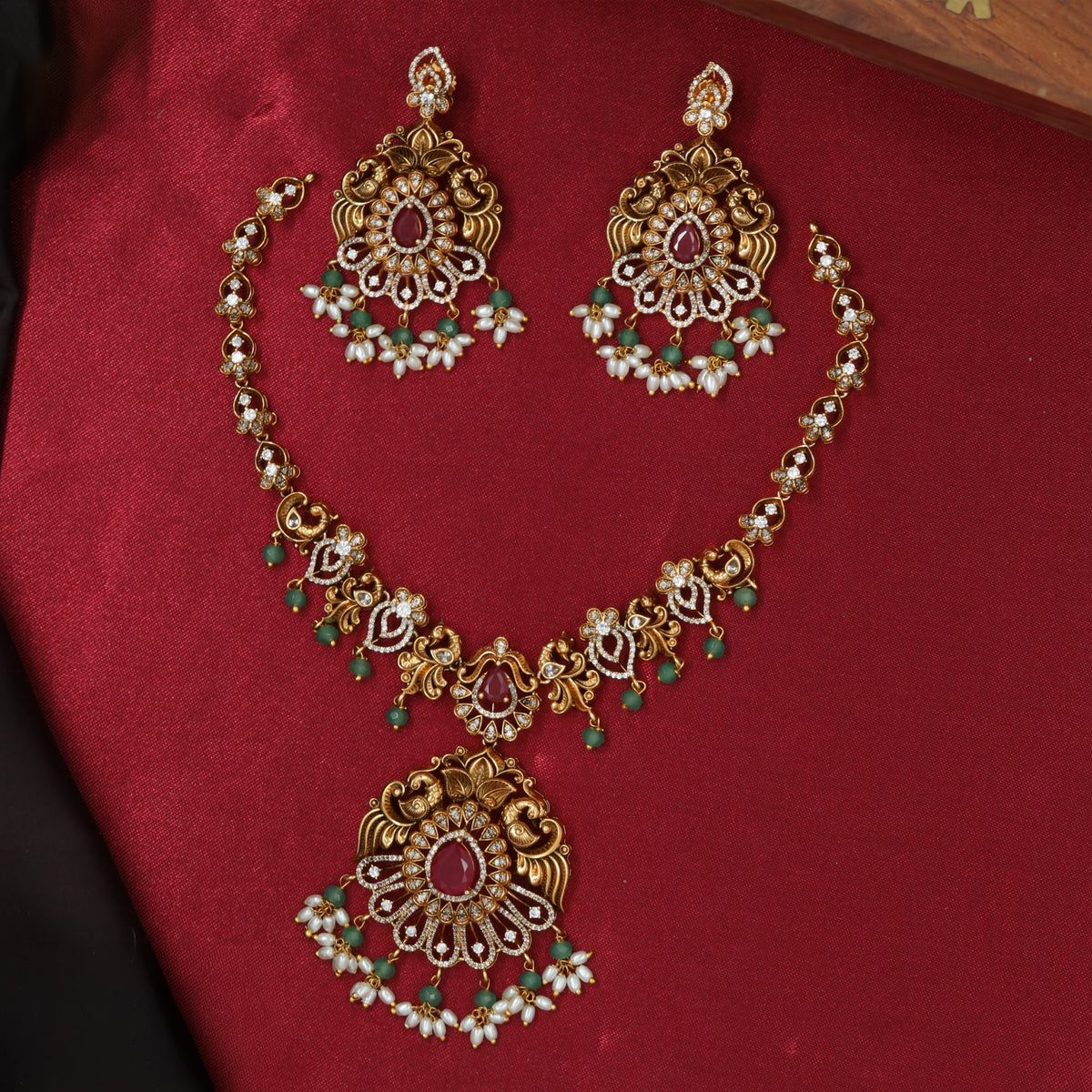 Antique Necklace Set with Curved Links and Bead Drops