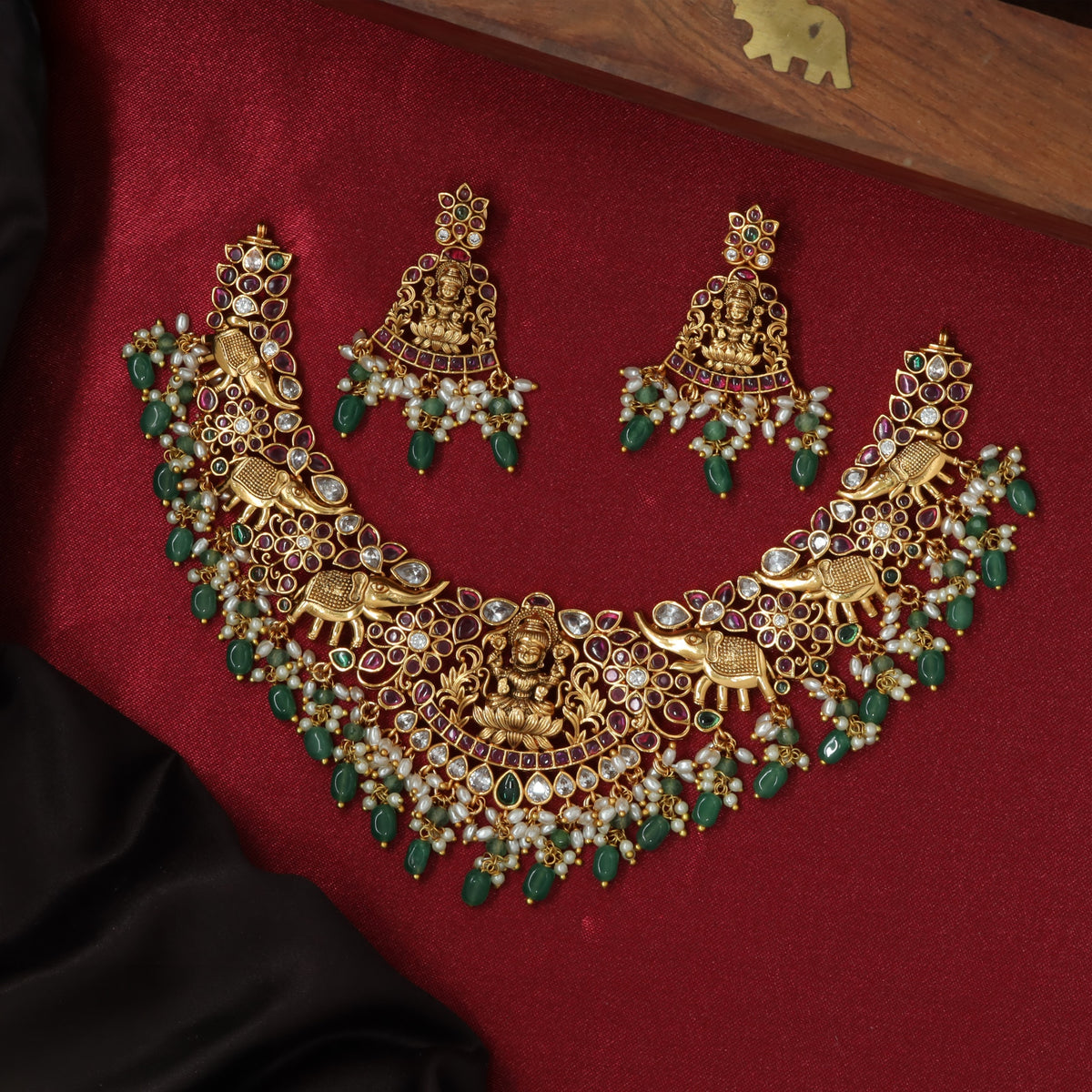 Lakshmi Antique Necklace Featuring Intricate Elephant Embellishments
