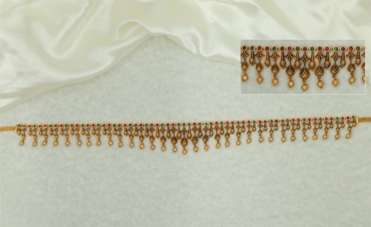 Classic Antique Waist Belt With Round Stone Settings And Dangling Charms