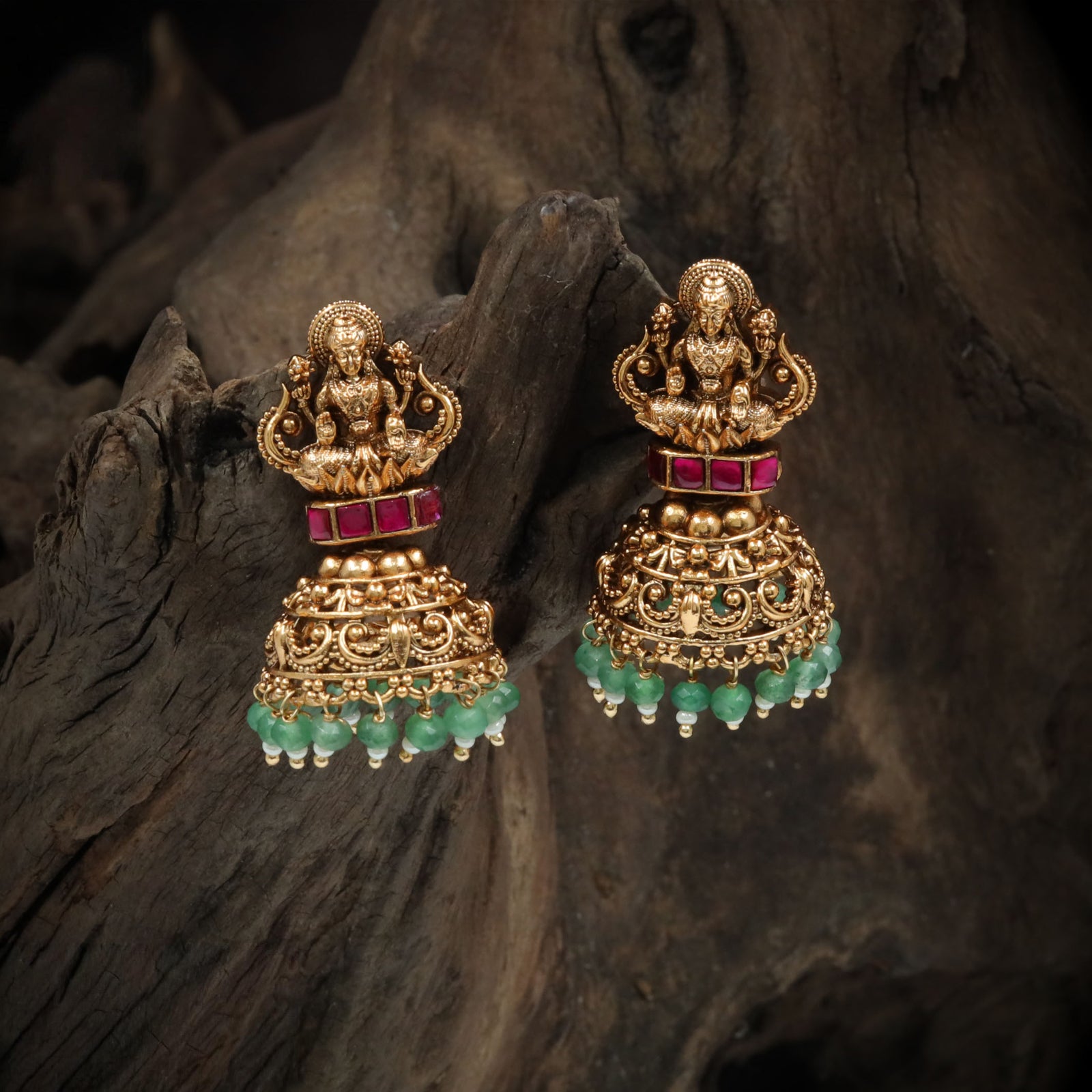 Lotus Seated Lakshmi Jumka with Layered Dome and Bead Drop Fringe