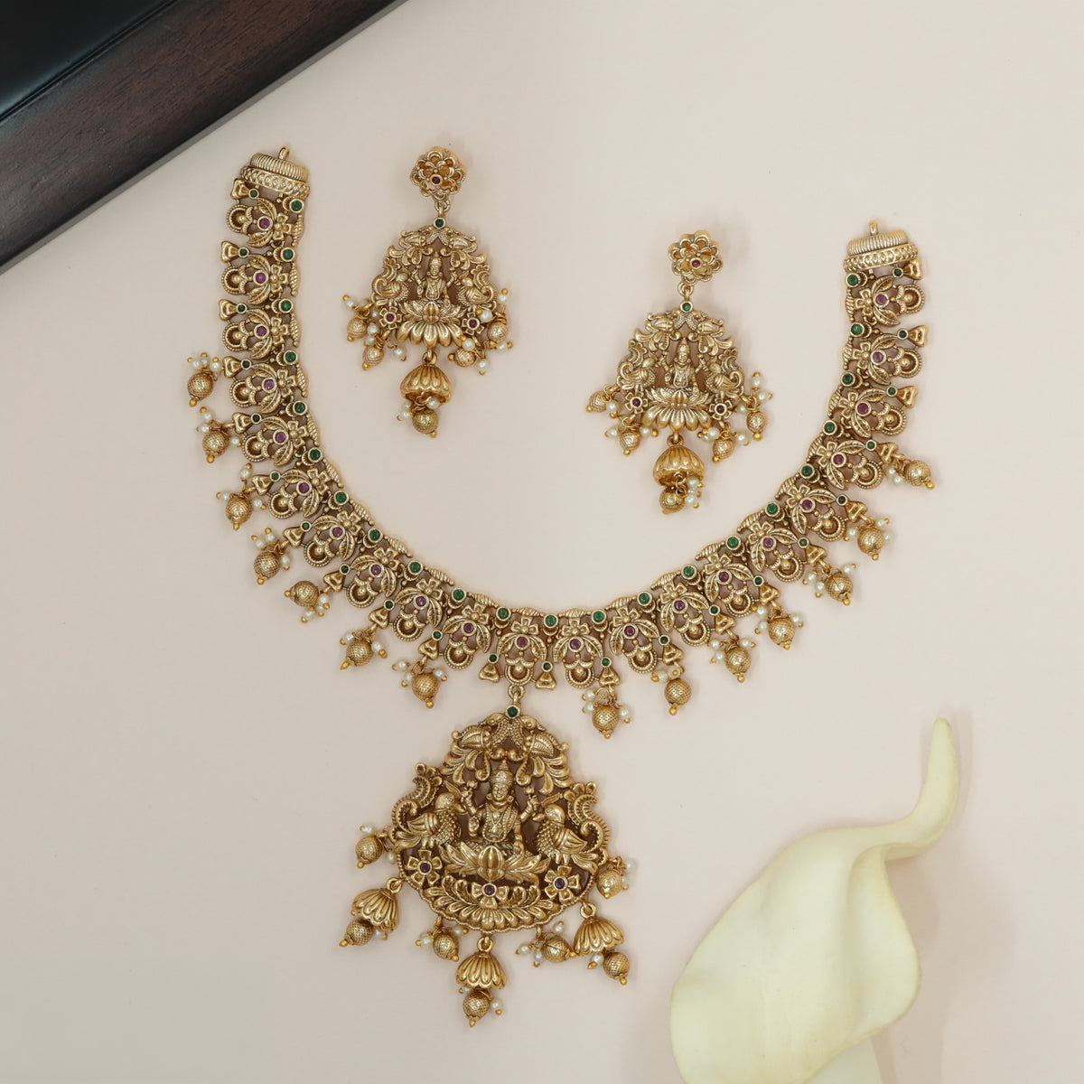 Antique Lakshmi Necklace Set With Temple Pendant