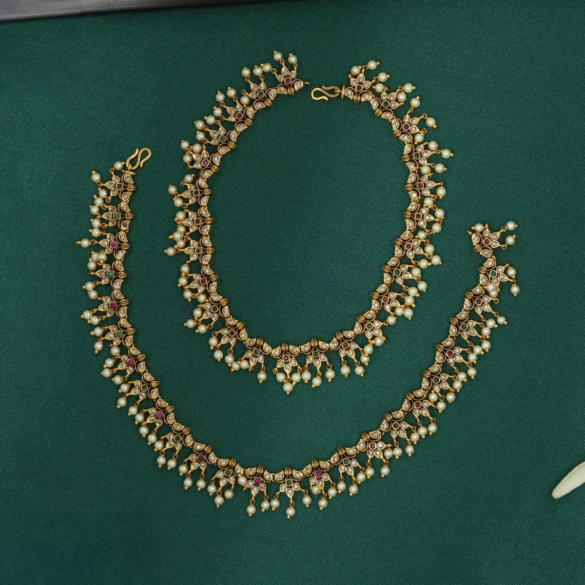 Antique Payal With Intricate Floral Links And Pearl Drops