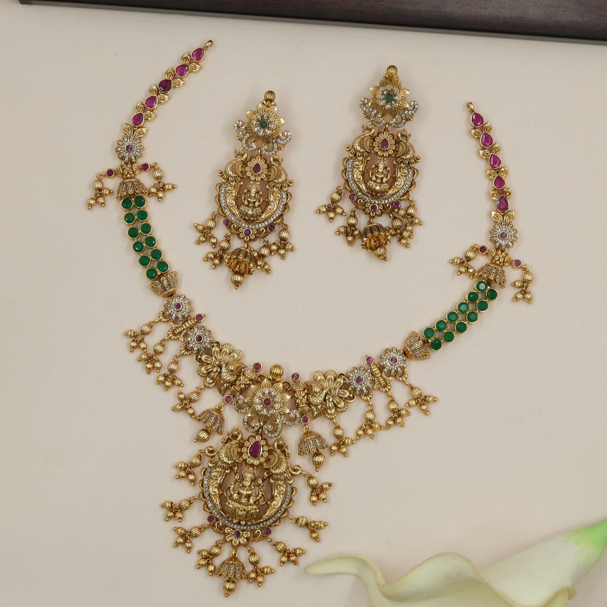 Antique Necklace With Lakshmi Pendant And Floral Links