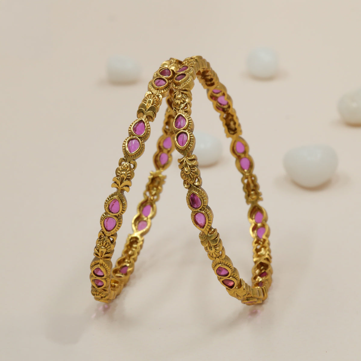 Antique Bangles with Intricate Floral Links and Embellished Teardrop Frames