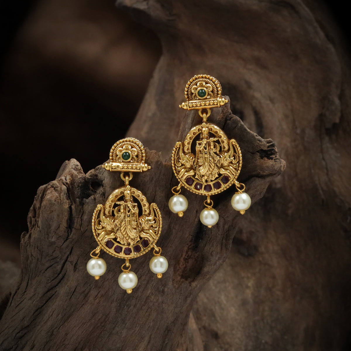 Antique Jumka with Lord Krishna Sculpted in Circular Frames