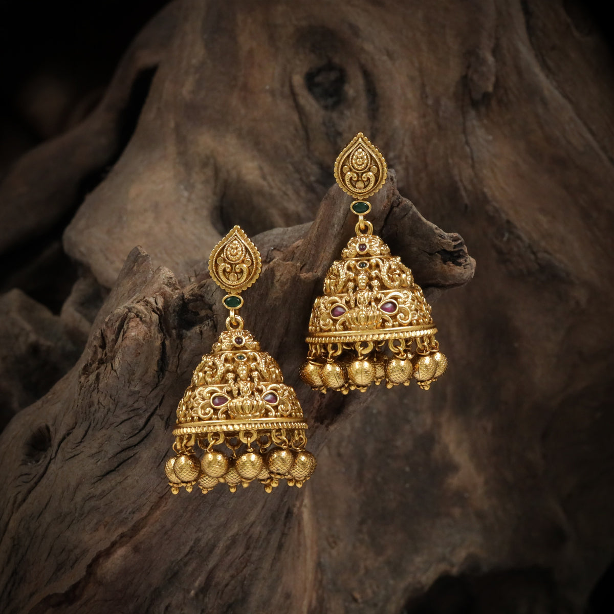 Antique Jumka with Teardrop Studs and Sculpted Bell Pendants