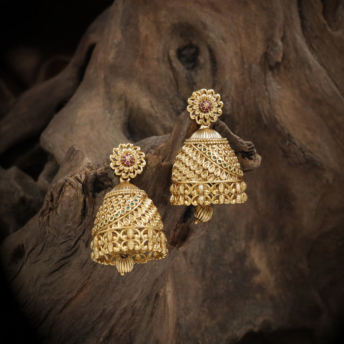 Artfully Detailed Antique Jumka with Diagonal Patterns and Hanging Charms