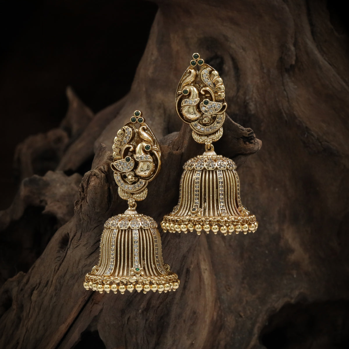 Antique Jumka With Sculpted Peacock Details and Bell Shaped Drops