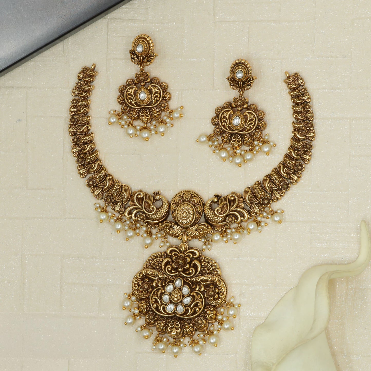 Floral Medallion Necklace with Large Pendant and Pearl Drop Fringe