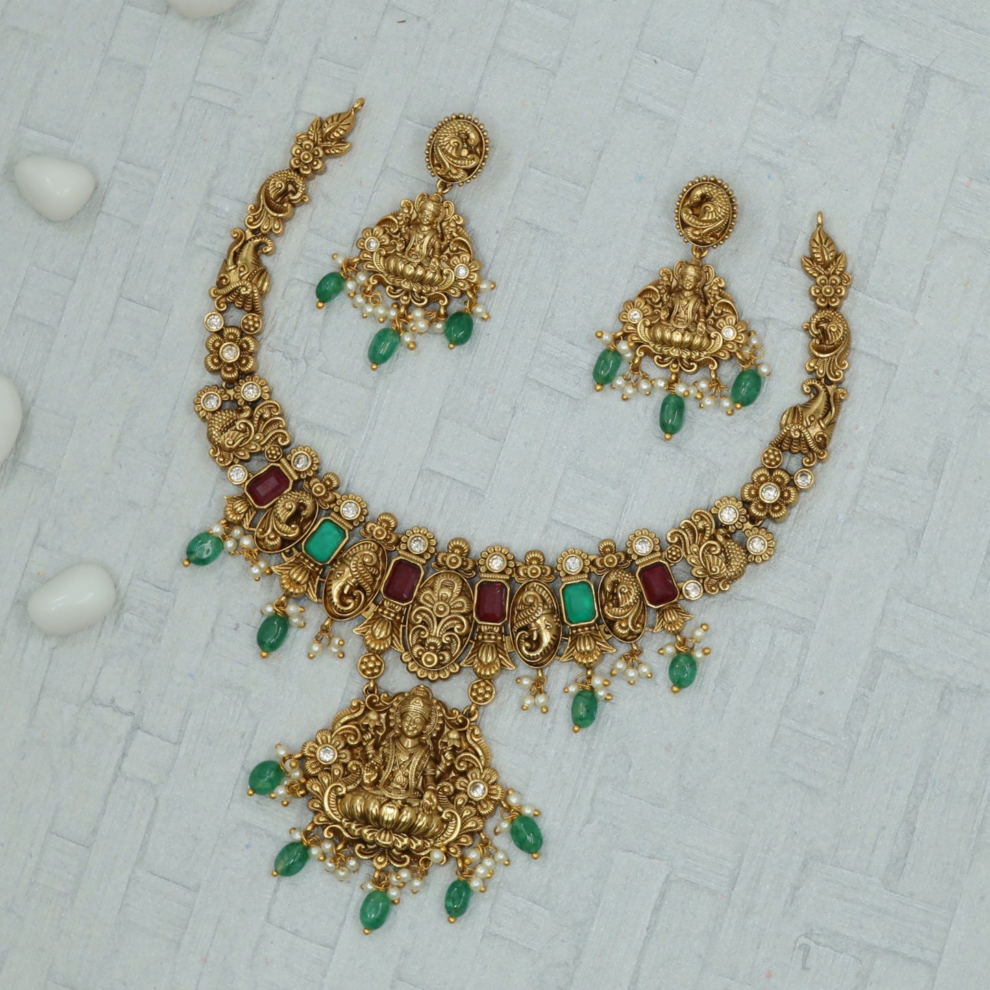 Antique-Finish Gold Necklace Set with Lakshmi Motif