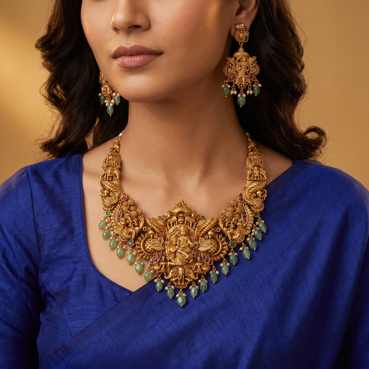 God Vishnu-Lakshmi Winged Peacock Panel Necklace Set