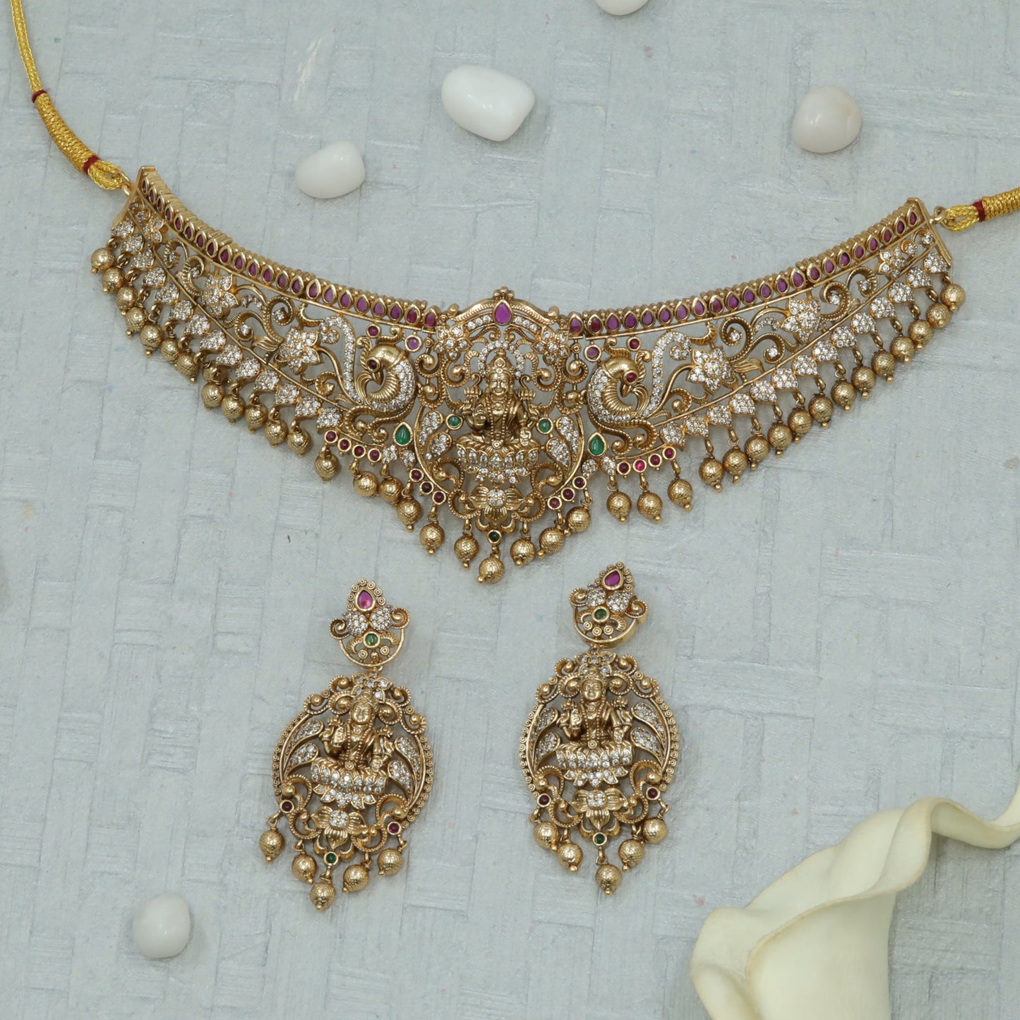 Antique Goddess Lakshmi Peacock Scroll Choker Set