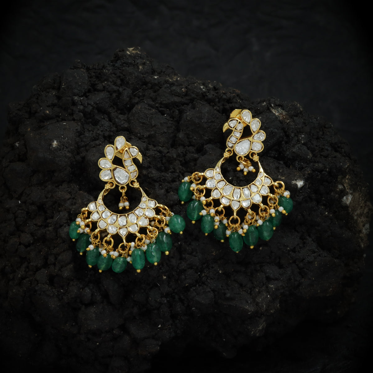 Peacock Motif Jadau Hanging Earrings with Crescent Kundan Fan and Bead Danglers