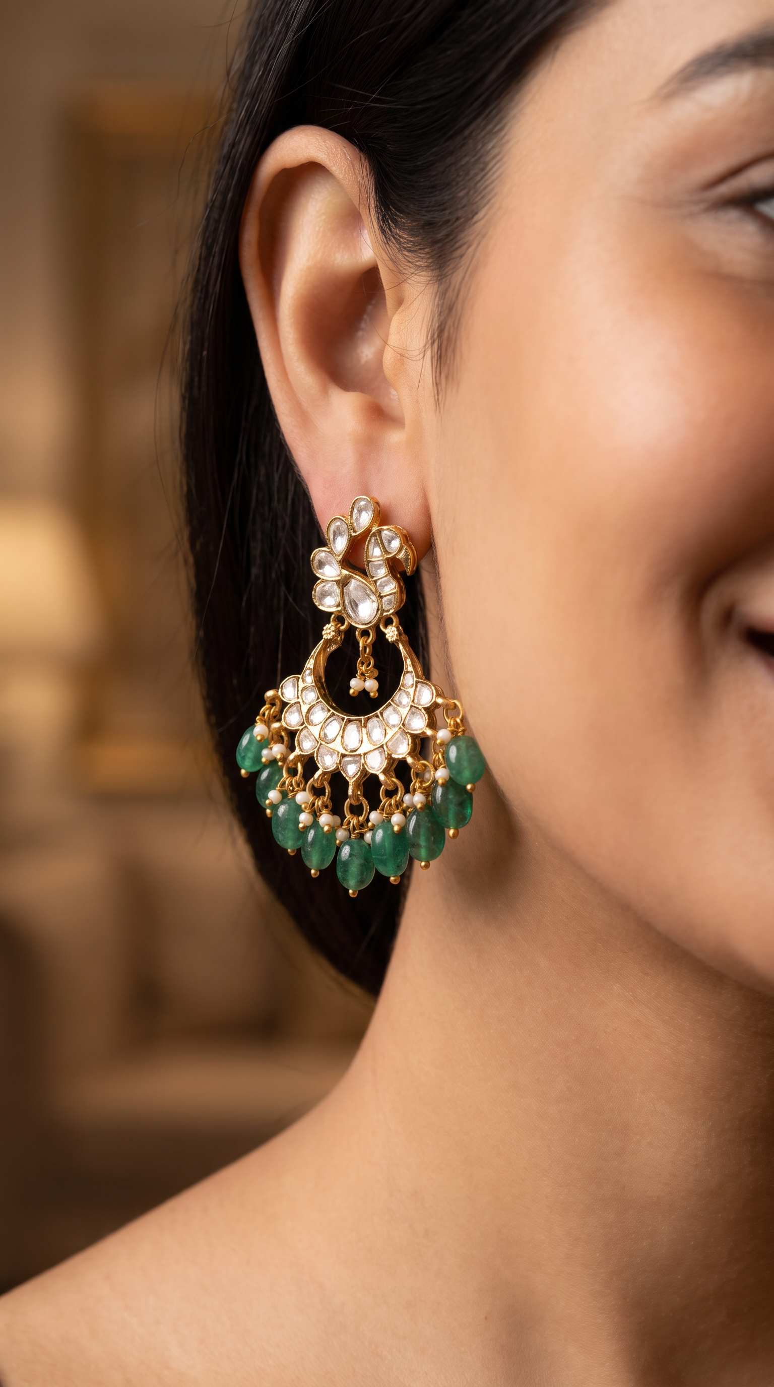 Peacock Motif Jadau Hanging Earrings with Crescent Kundan Fan and Bead Danglers