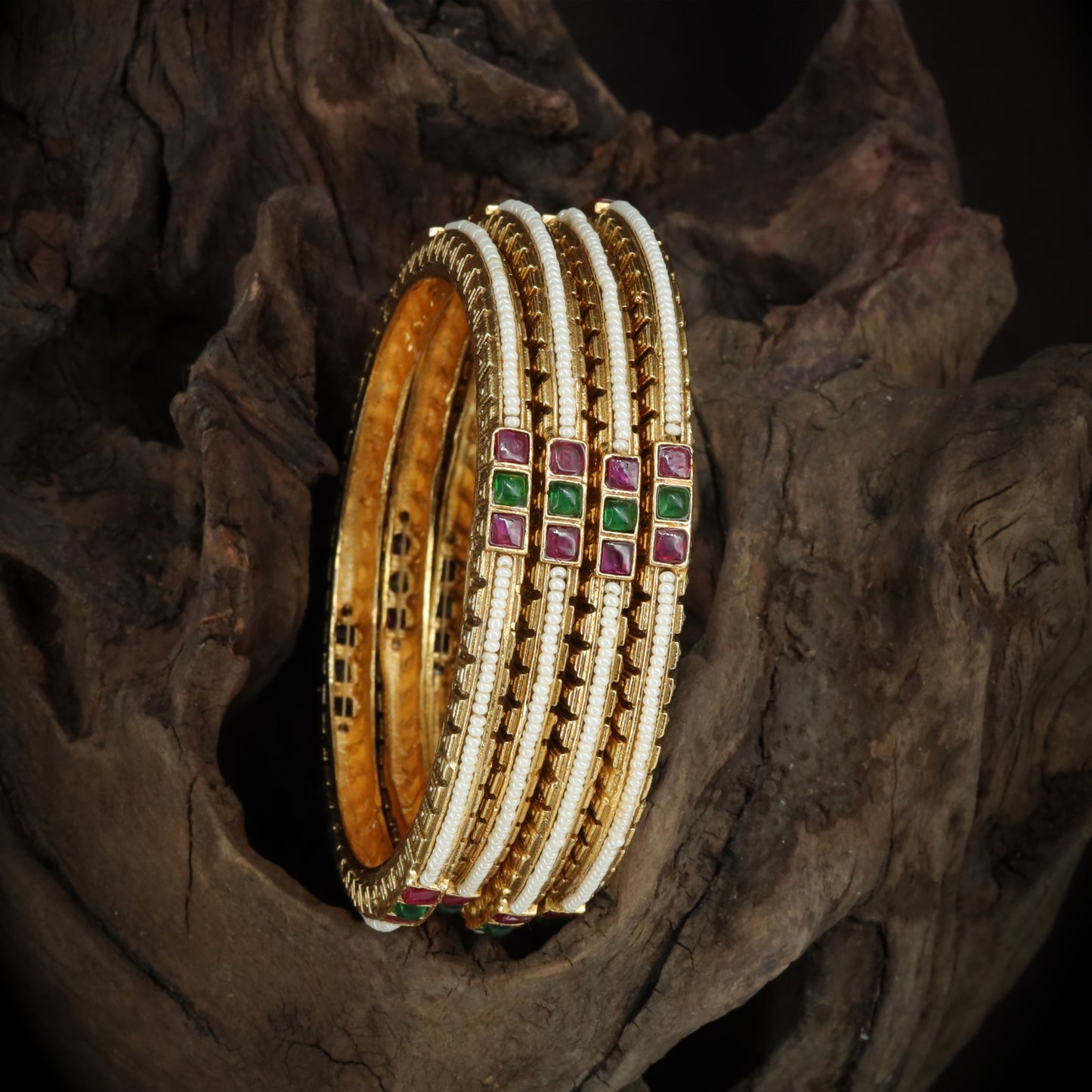 Antique Gold-Tone Stone-Studded Bangle Set