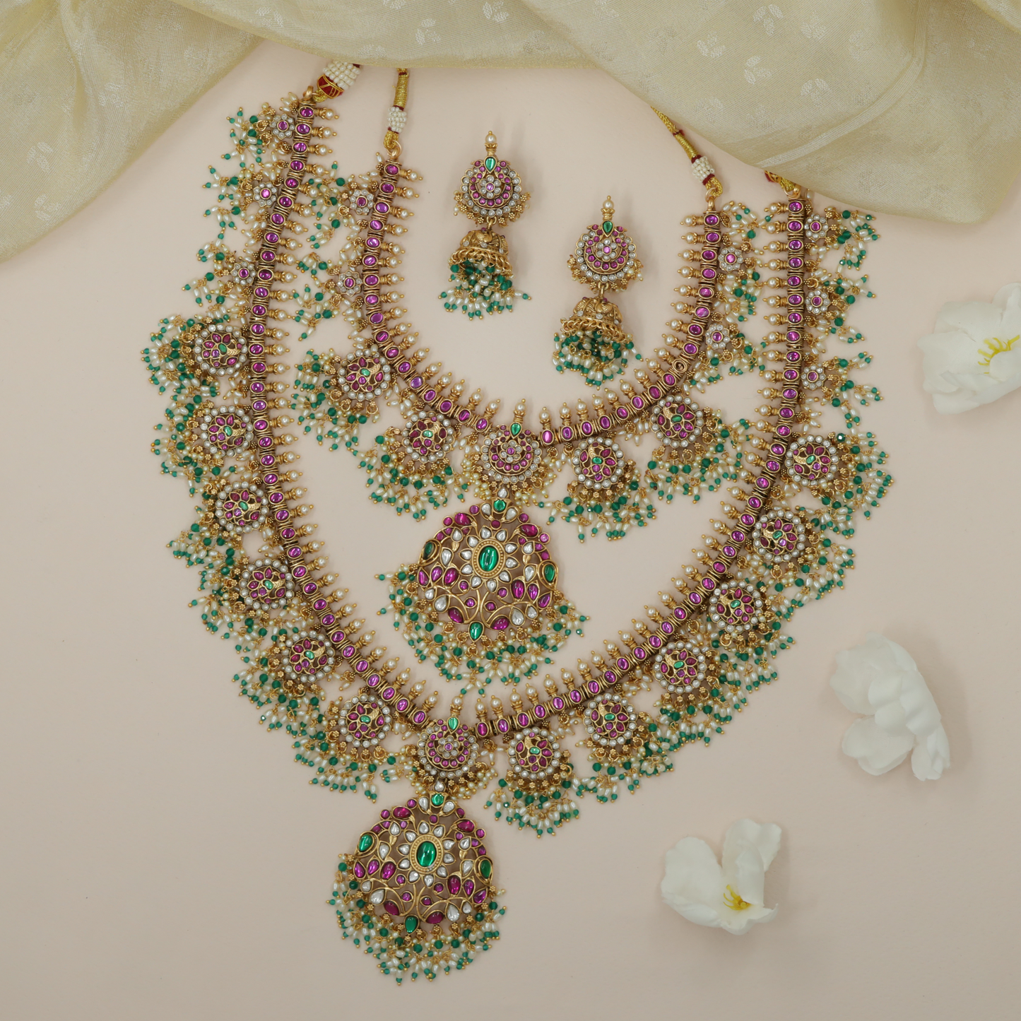 Antique Emerald Beaded Necklace Combo Set