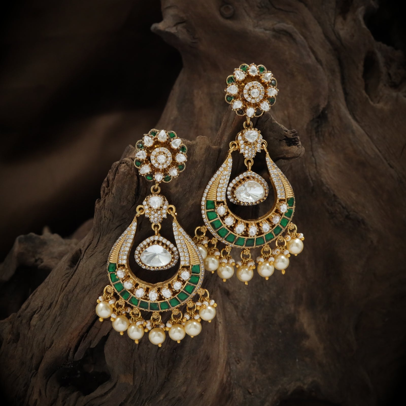 Antique Kundan Pearl Crescent Hangings