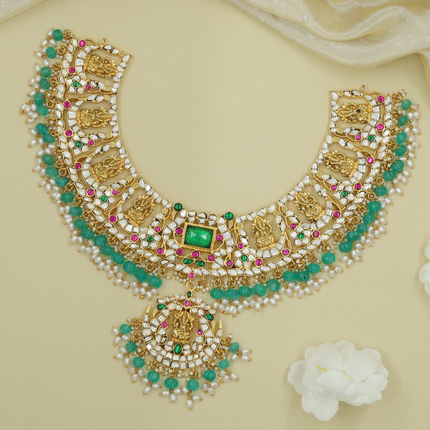 Deity Panel Lattice Jadau Necklace Set