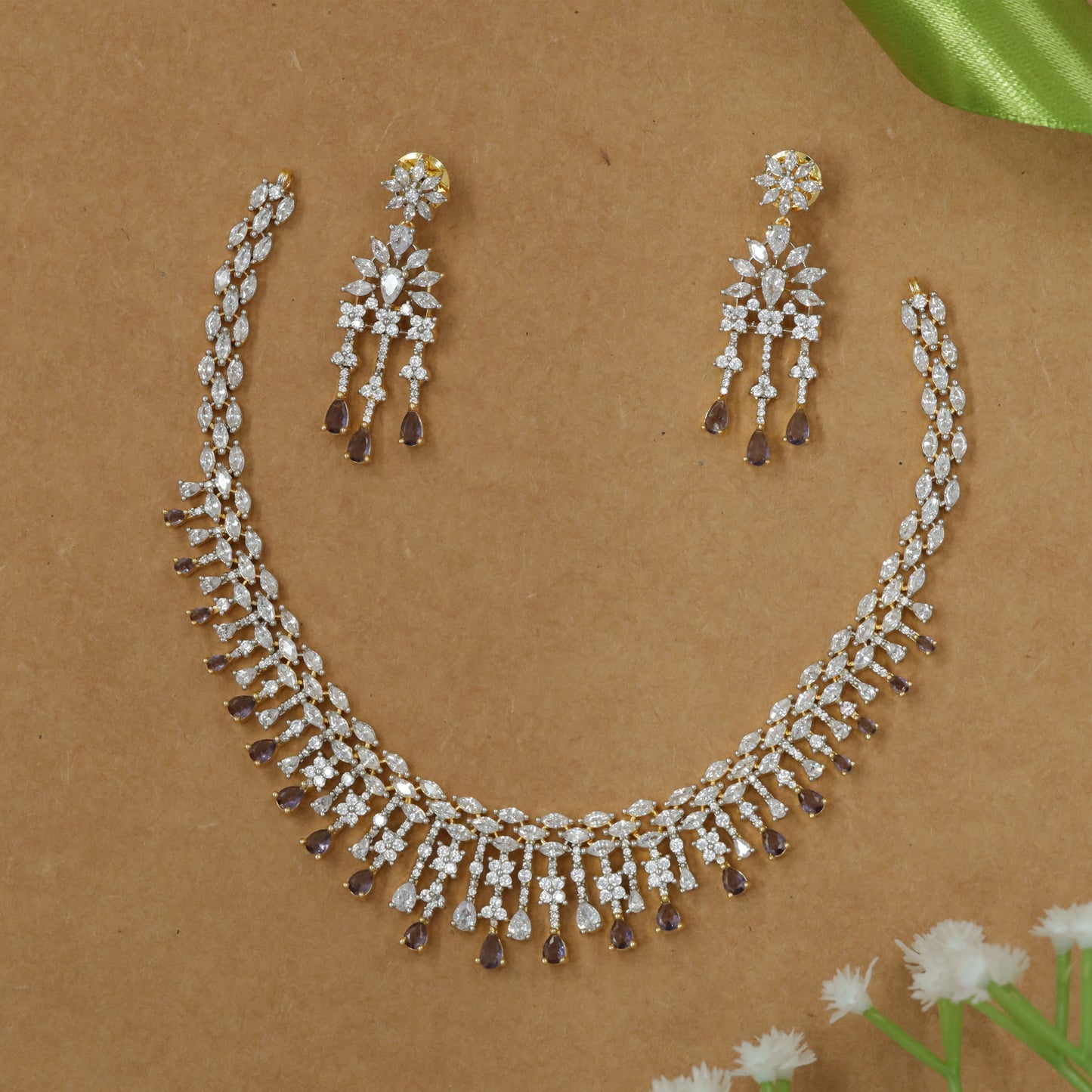 Zircon Structured Necklace with Continuous Flower Link and Hanging Drops