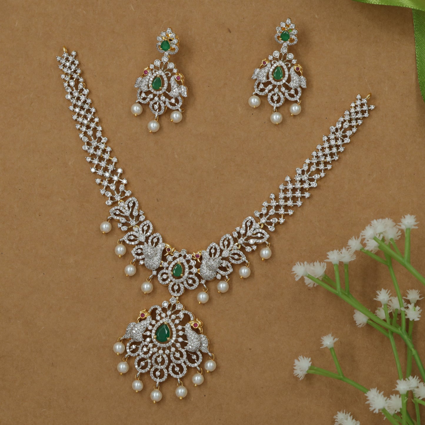 Bridal Peacock Design Necklace with Central Drop Focus