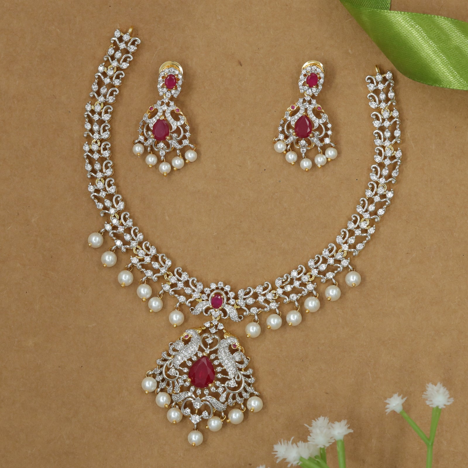 Peacock Motif CZ Necklace Set with Leaf-Link Chain and Pearl Drops