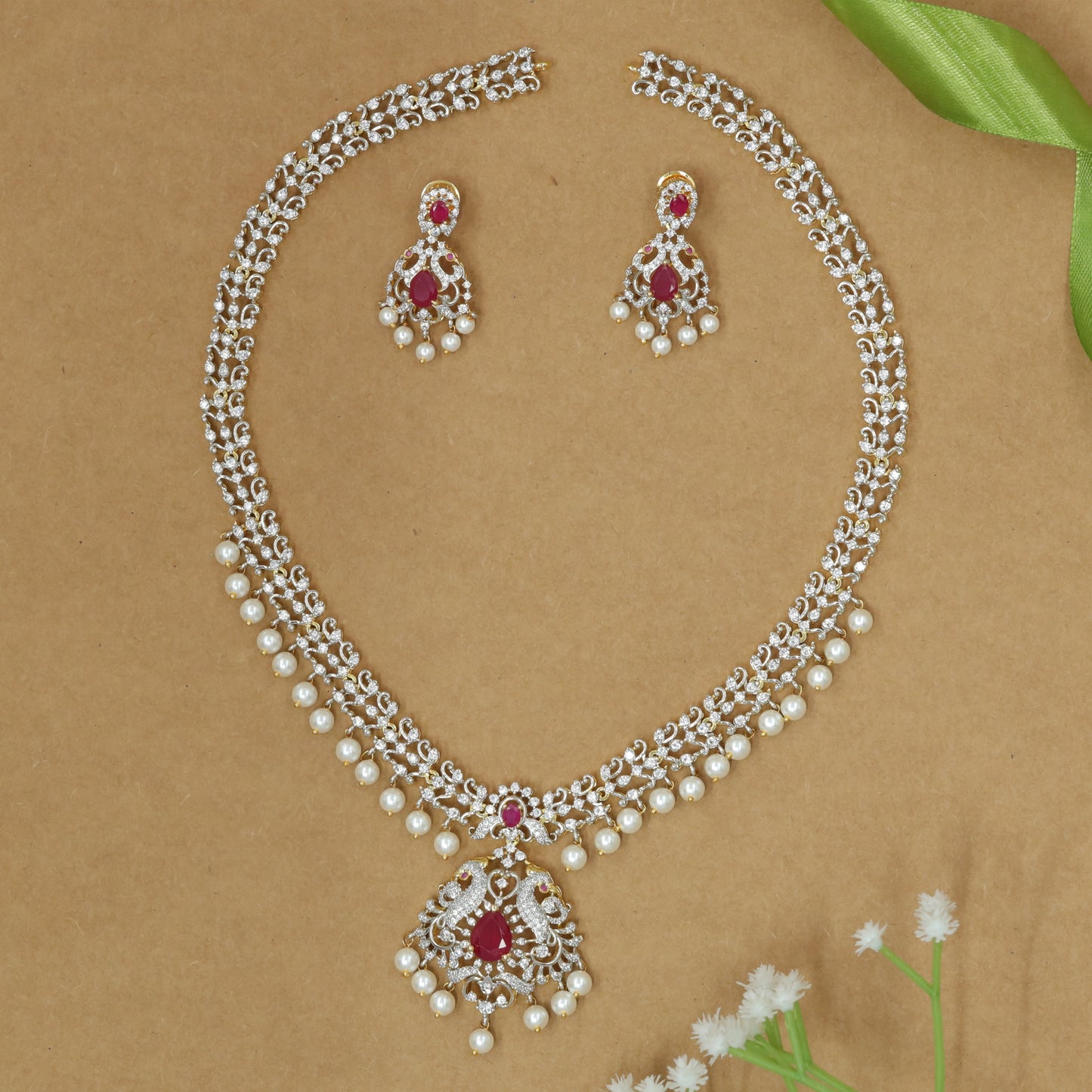Premium Traditional Necklace With Pearl Lined Edge and Peacock Drop Pendant