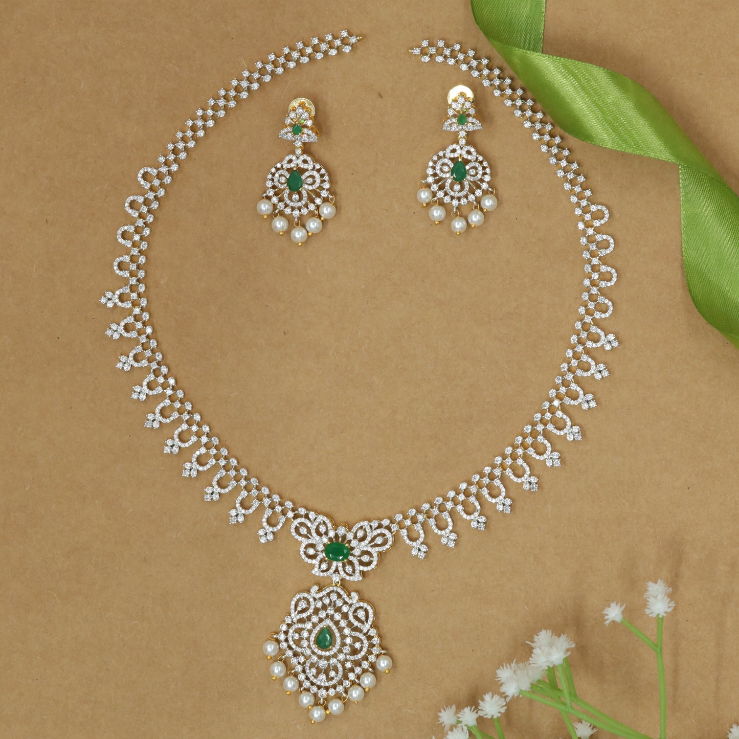 Ornamental Link Necklace with Pearl Drop Fringe and Central Floral Pendant