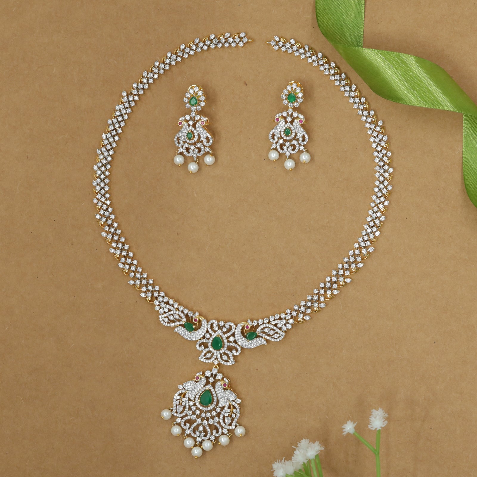 Traditional Peacock Motif Long Haara with Pearl Drop Pendant