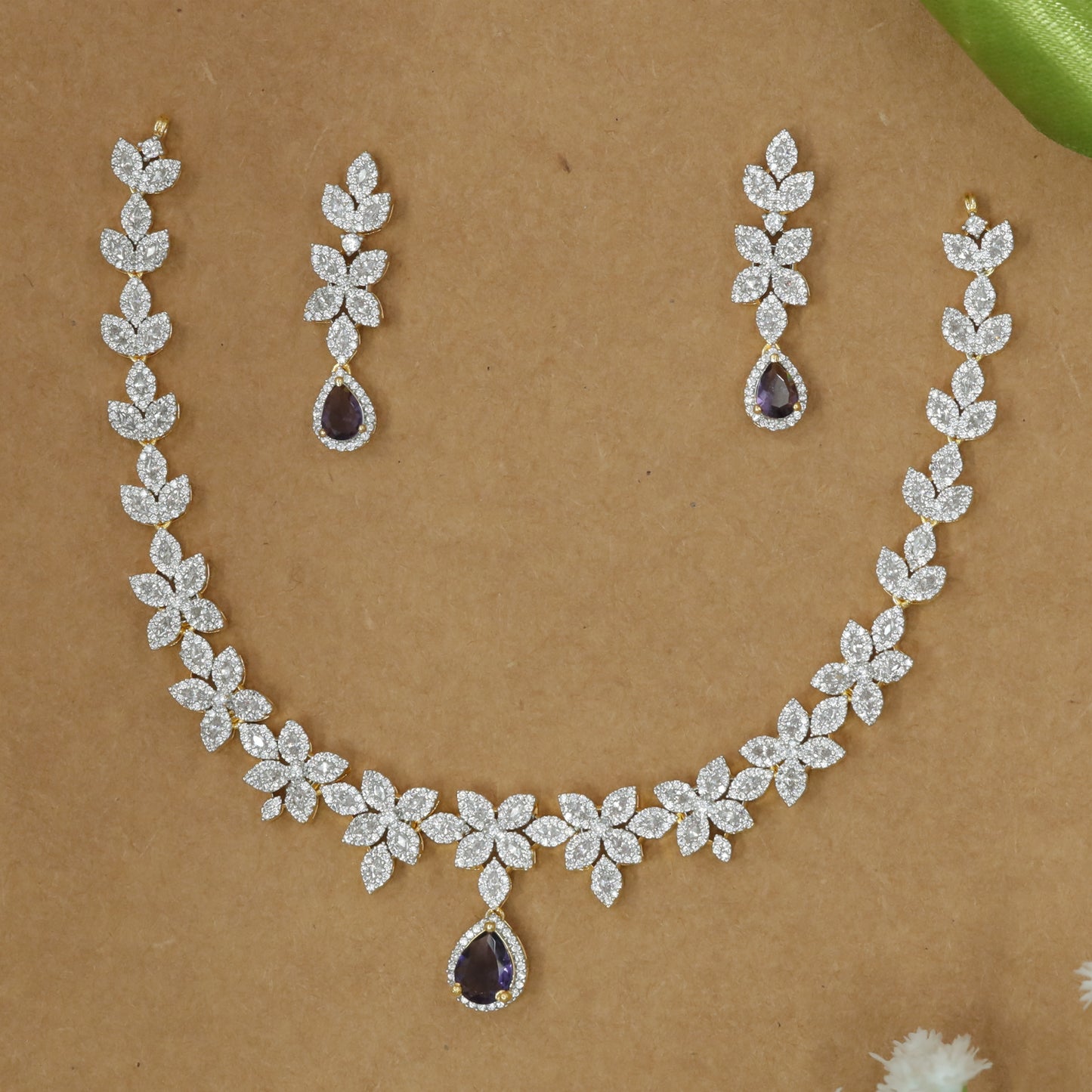 Full Floral Petal Necklace Set With Central Drop Accent