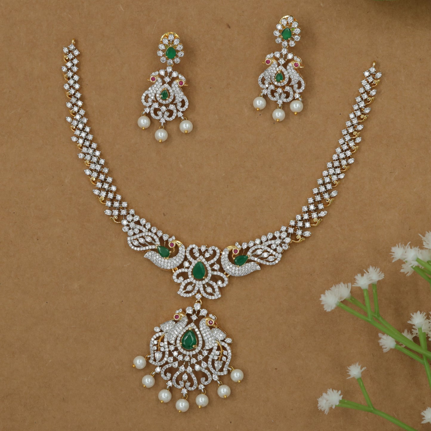 Royal Peacock Motif Necklace Set with Floral Wings and Pearl Drops