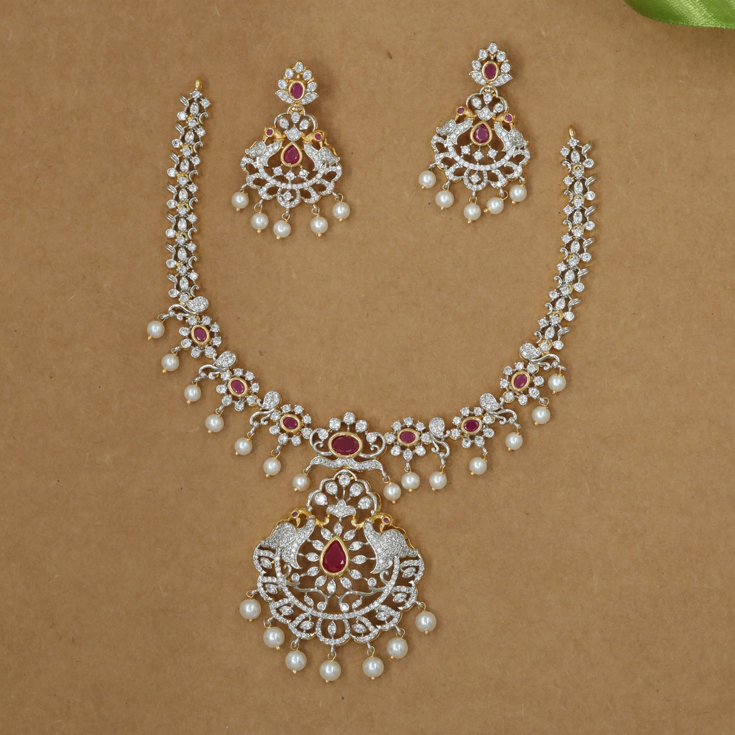 Luxury Ruby-Tone Stone Necklace Set with Grand Peacock Pendant & Earrings