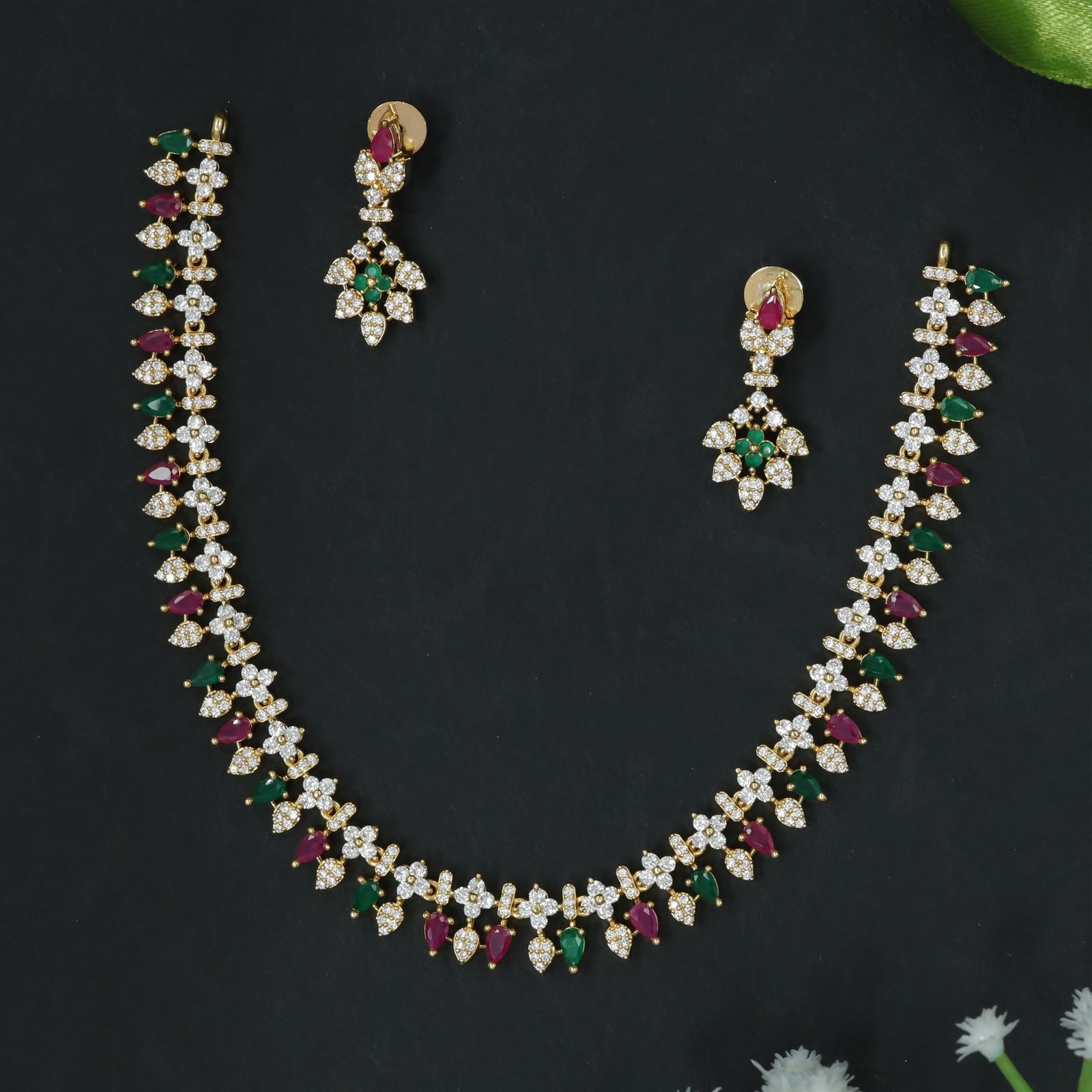 Elegant Diamond Finish Necklace Set with Leaf-Drop Design