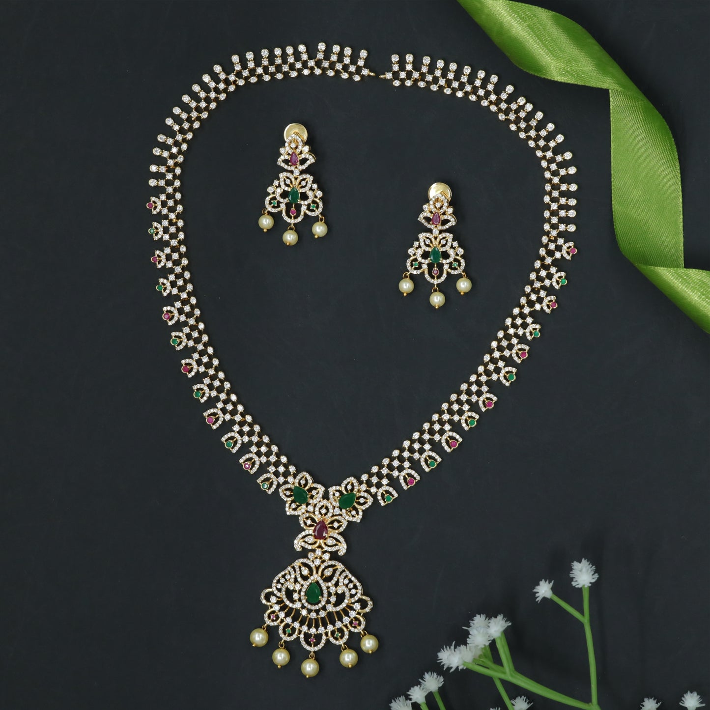 Elegant Long Haara Set with Stone Detailing and Hanging Elements