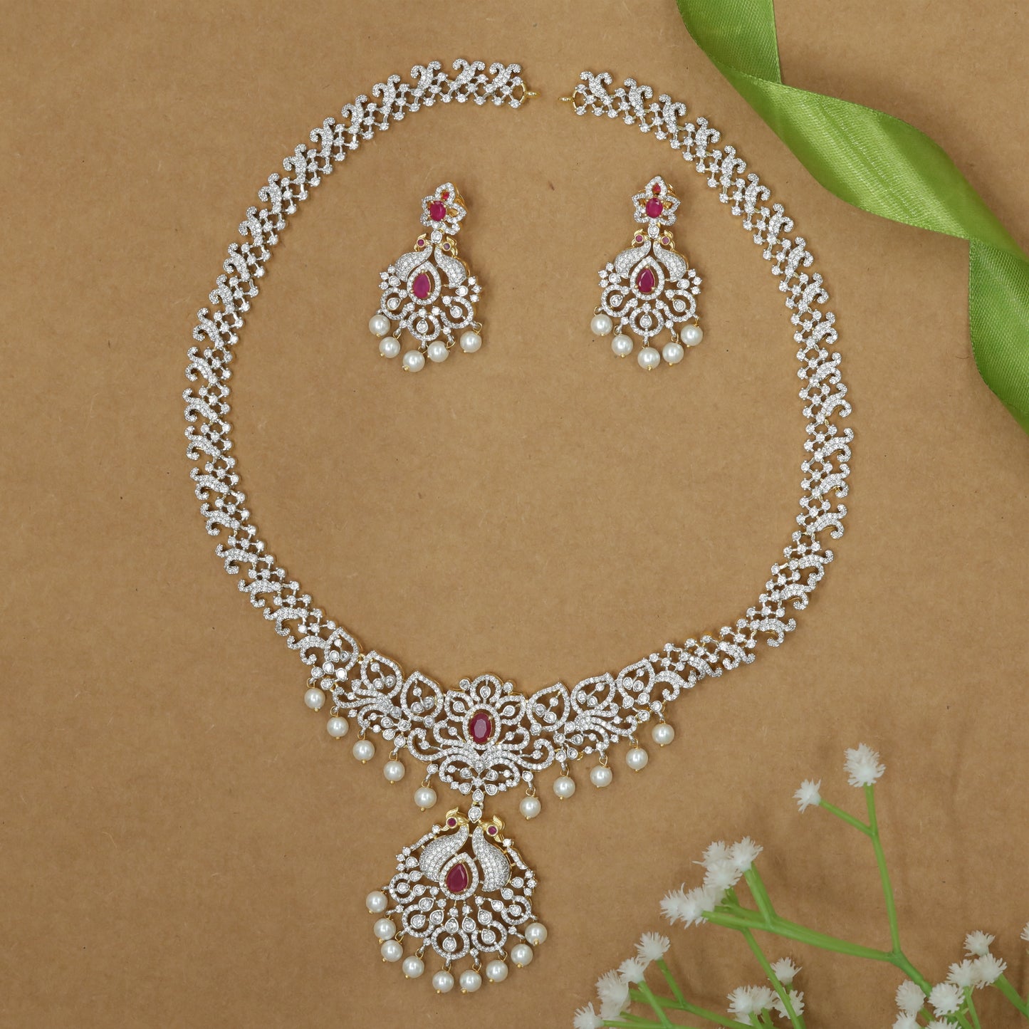 Sculpted Vine Curve Long Haara with Peacock Pendant and Pearl Drops Set