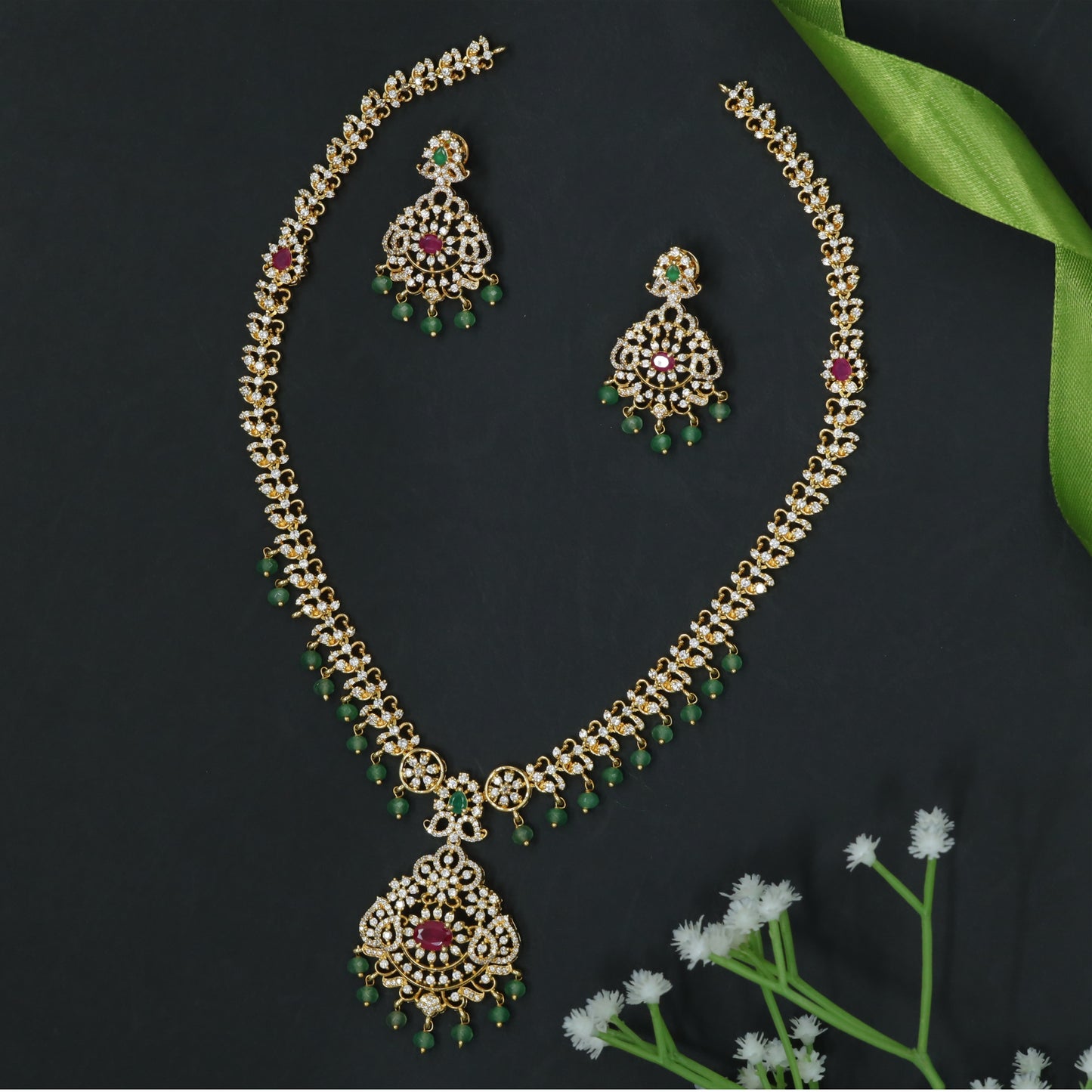 Elongated Floral Chain Long Haara with Framed Center Pendant