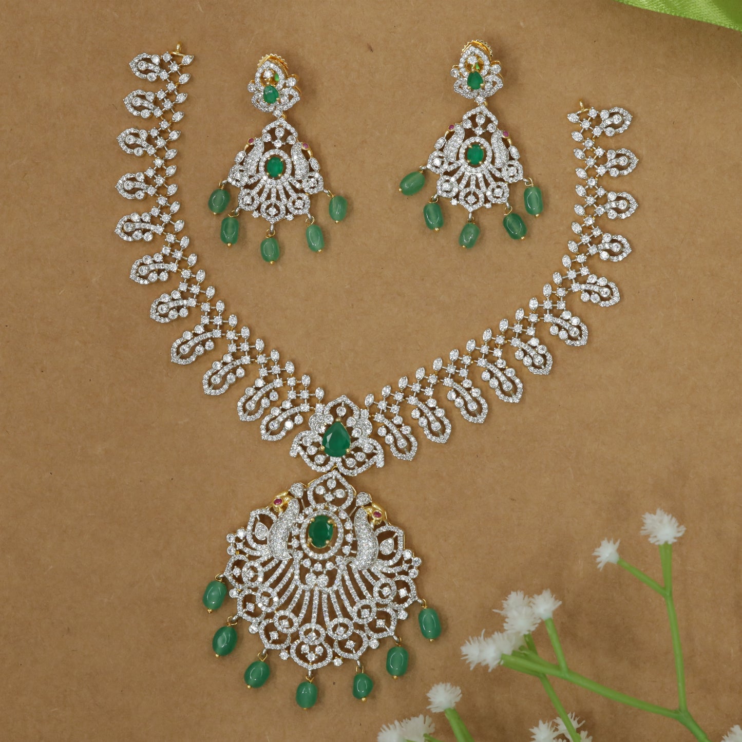 Graphic Loop Chain Necklace with Cascading Twin Peacock Drop Center
