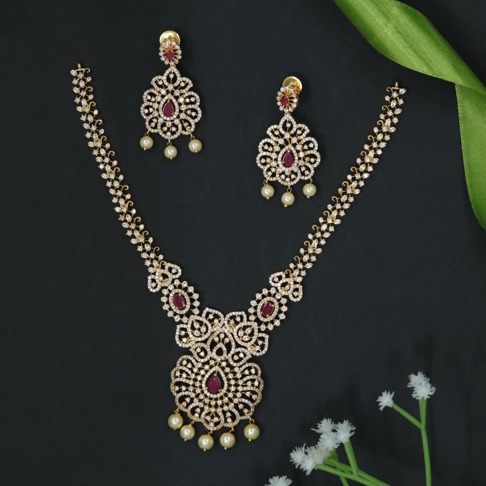 Multicolor Scrollwork Necklace with Floral Design Pendant and Pearl Drops