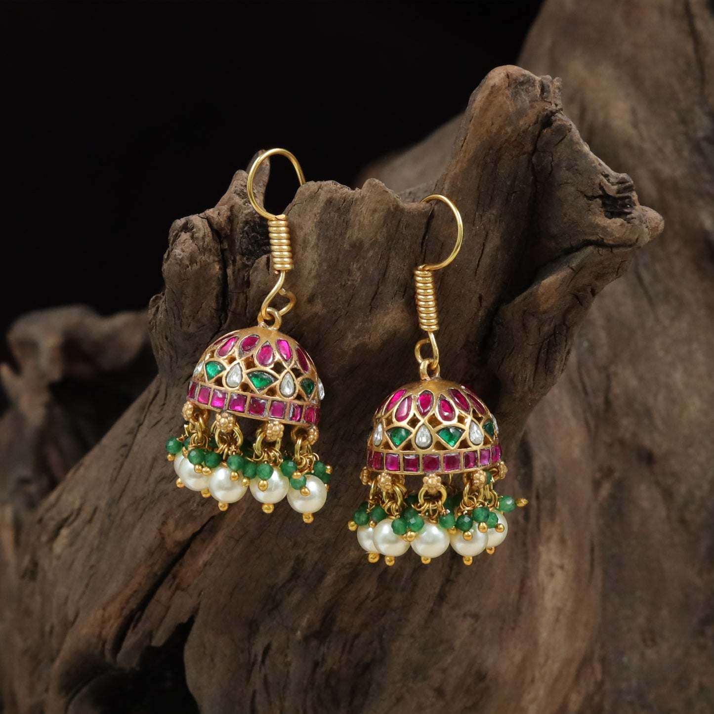 Decorative Dome Jumka with Stone and Pearl Drops