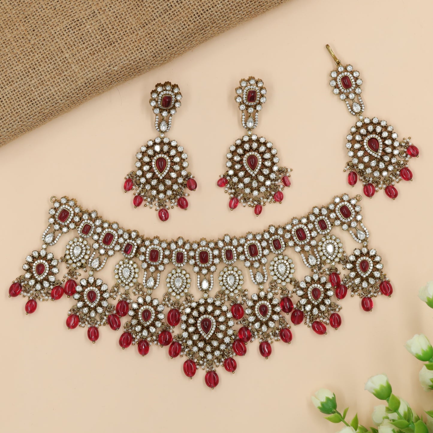 Teardrop Stone Victorian Necklace with Clustered Round Units
