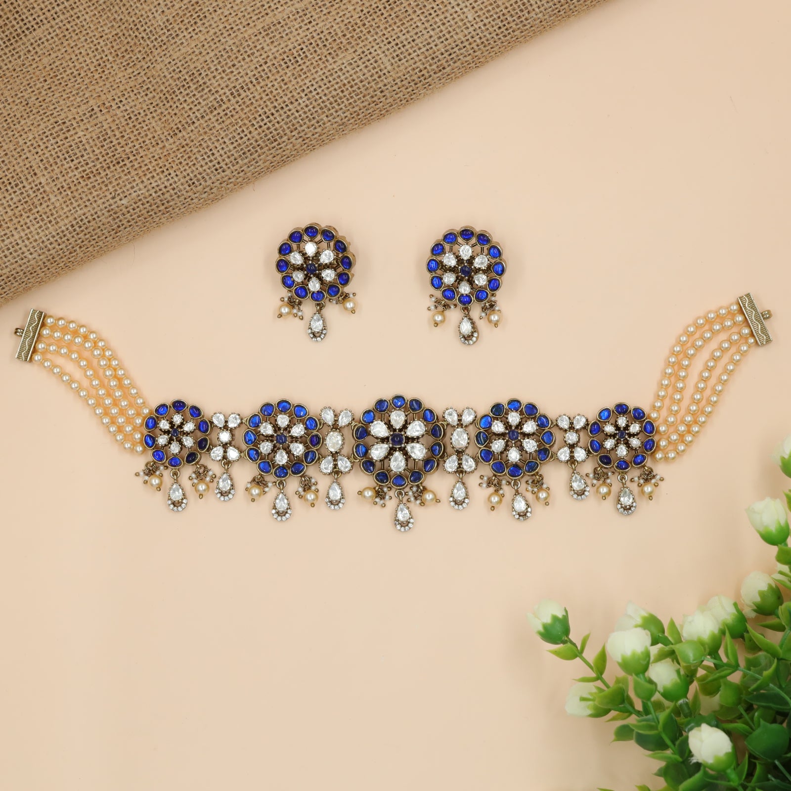 Multi-Colour Floral Panel Victorian Choker with Drop Accents