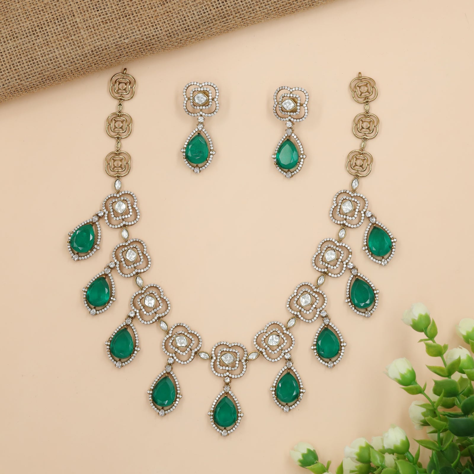 Teardrop Stone Victorian Necklace with Interlinked Floral Frames
