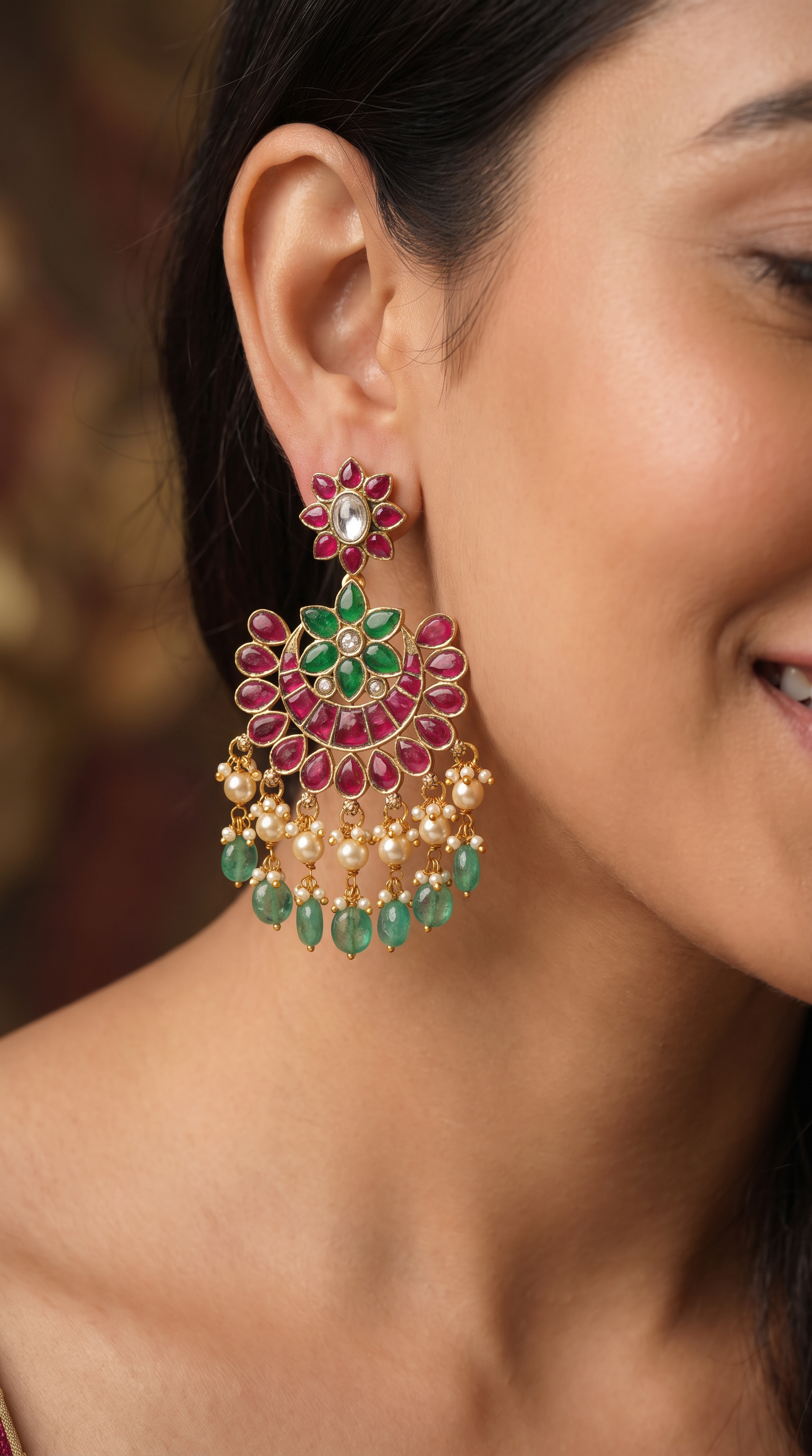 Hanging Earring with Circular Flower Form and Fringe