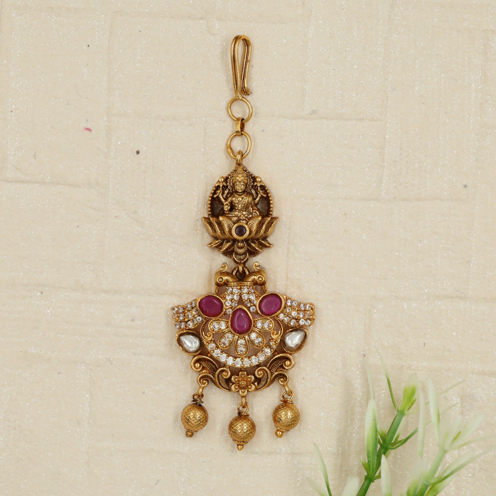 Lakshmi-on-Lotus Antique Tikka with Peacock Hanging Drops