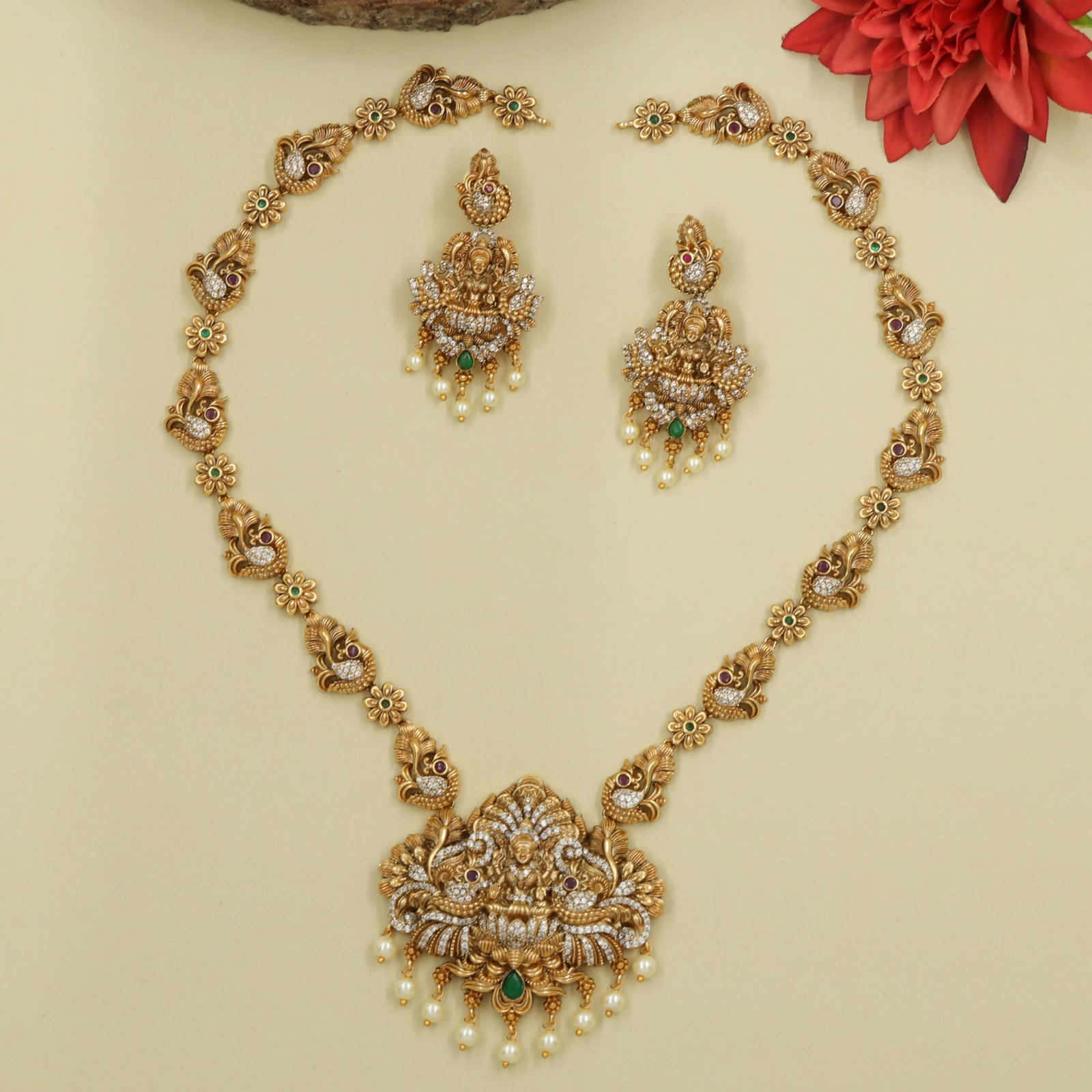 Classic Long Haara with Floral Peacock Links and Central Lakshmi