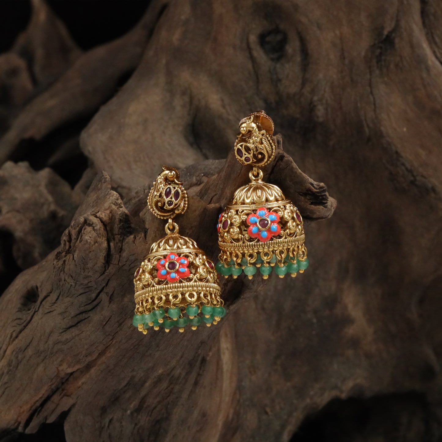 Floral-Core Dome Jumka with Uniform Bead Drop Finish