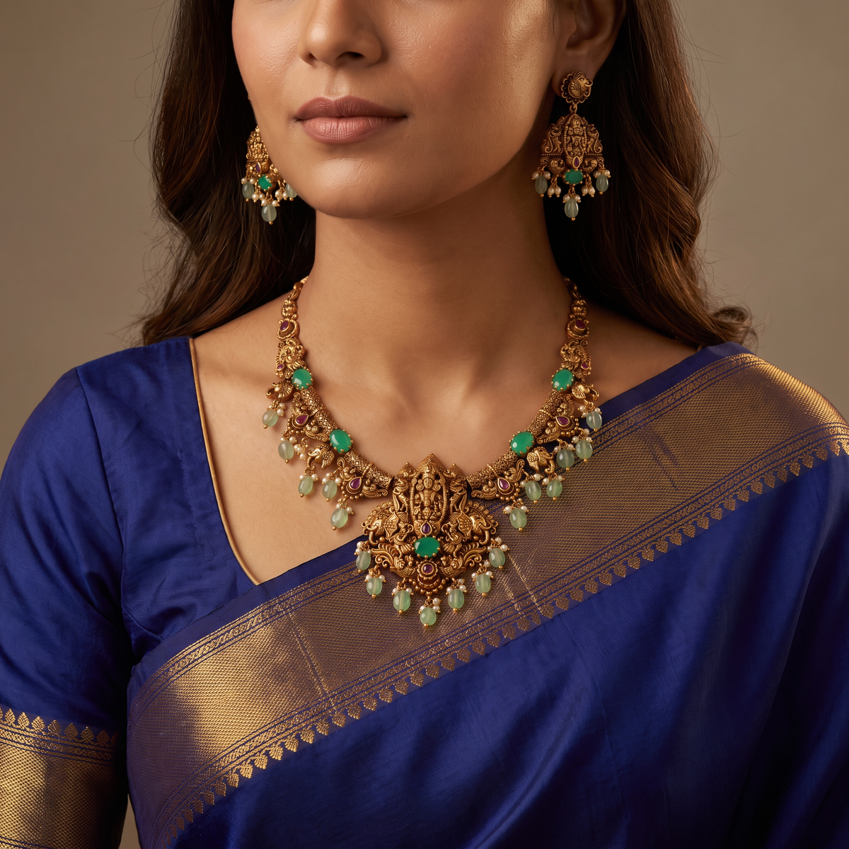 Central Venkateshwara Lakshmi Panel Necklace with Green Drop Hangings