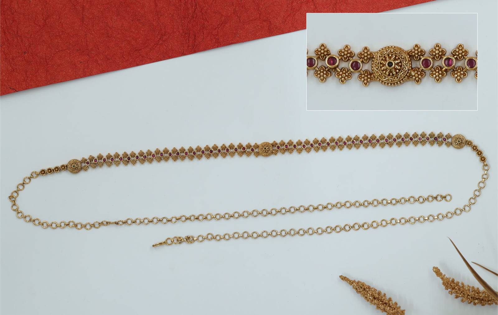 Central Disc Panel with Repeating Floral Nodes Waist Belt