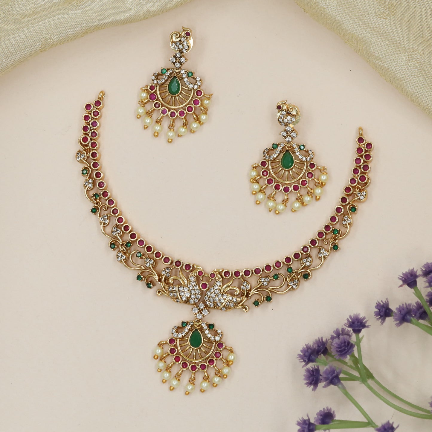 Teardrop Crest Necklace with Twin Peacock Scrolls