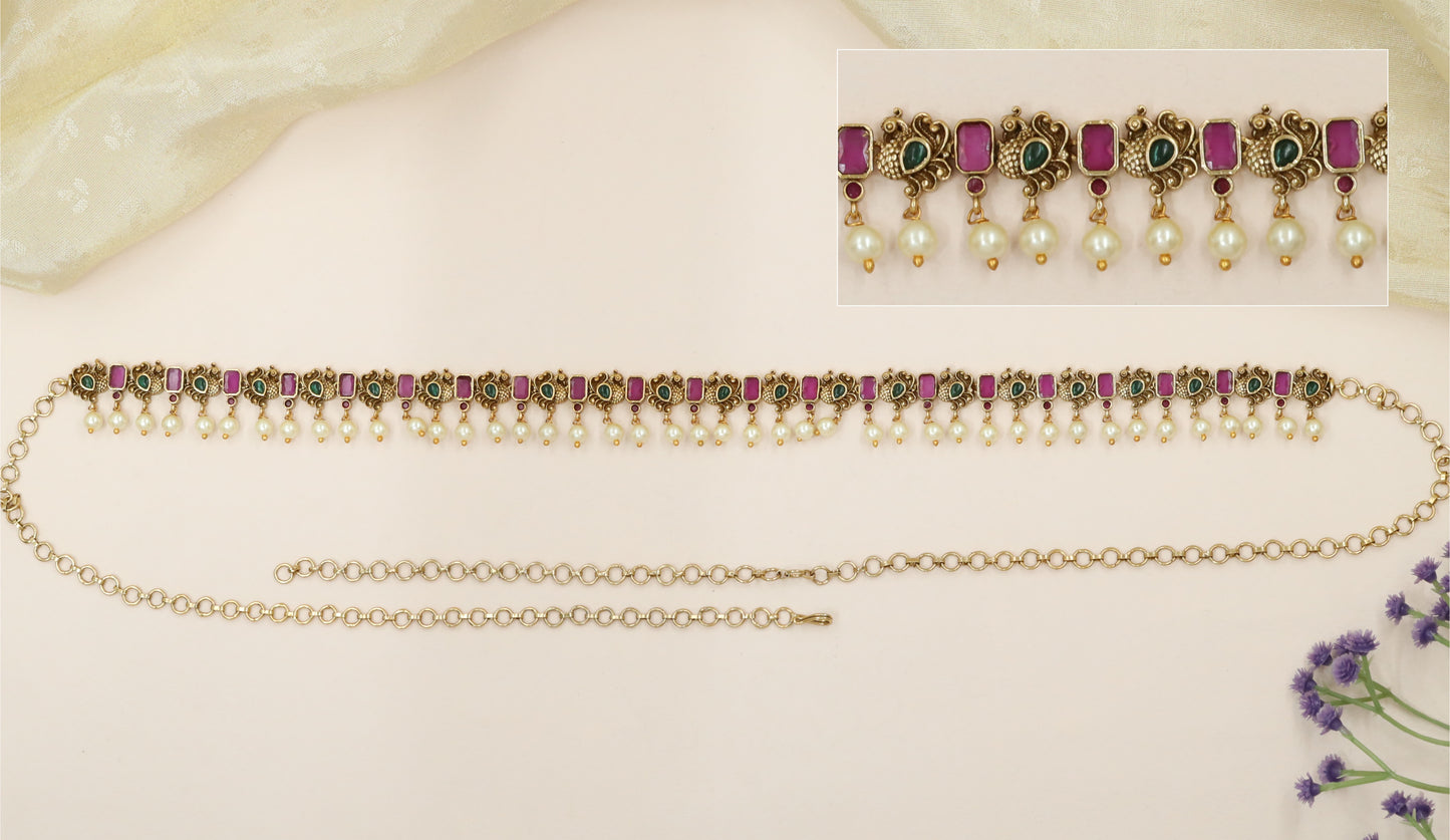 Peacock-Link Waist Belt with Rectangular Stone Panels and Pearl Drops