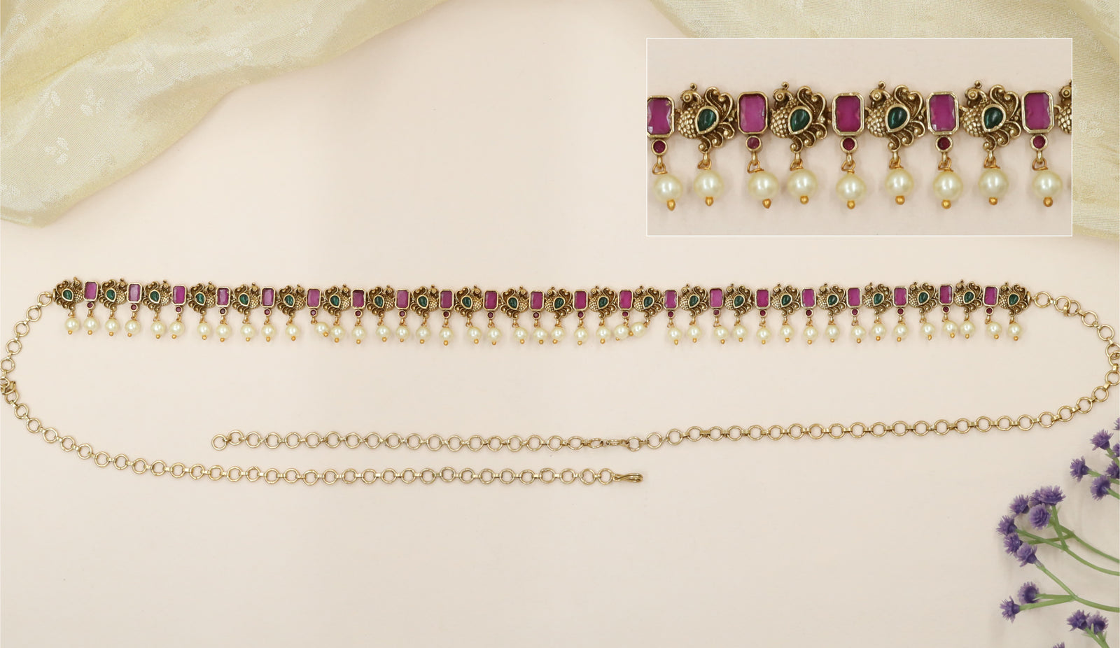 Peacock-Link Waist Belt with Rectangular Stone Panels and Pearl Drops